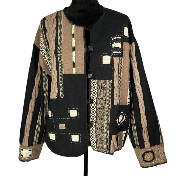 Coldwater Creek Patchwork Jacket Black Tan White Wool Blend Crochet Cable Knit - Picture 1 of 16